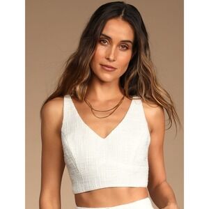 Lulus Ivory Tweed Cropped Tank Top Womens M V-Neck Corset Chic Sophisticated NWT